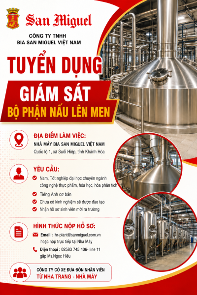 Công ty TNHH Bia San Miguel Việt Nam tuyển dụng Giám sát nấu lên men và Giám sát thành phẩm