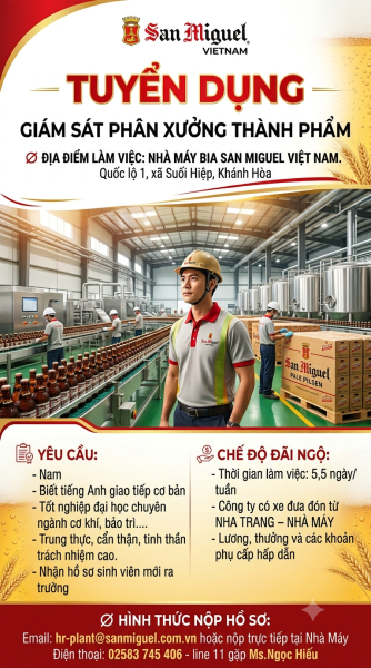 Công ty TNHH Bia San Miguel Việt Nam tuyển dụng Giám sát nấu lên men và Giám sát thành phẩm